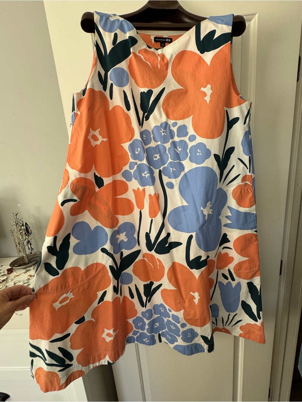 Marimekko Girls Sleeveless Floral Dress in Orange, Light Blue & Dark Green